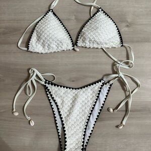 White and Black Textured Bikini Set
